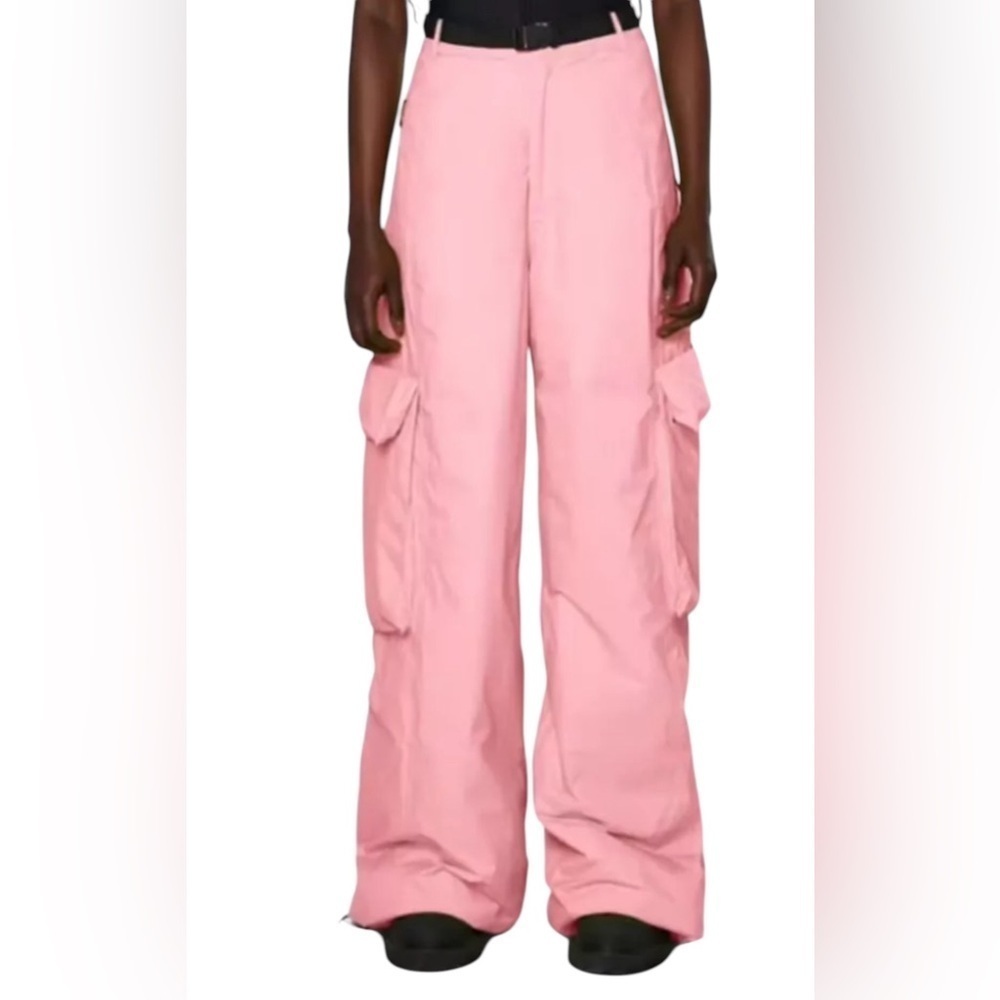 Rains Pink Show Padded Nylon Cargo Pants M | Wide Leg Utility Pants